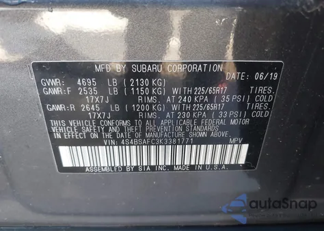 2019 Subaru Outback 2.5I Premium from USA, damaged, VIN 4S4BSAFC3K3381771